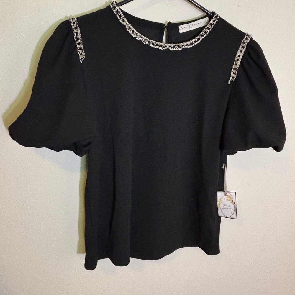 Embellished Crewneck Puff Sleeve Black Blouse